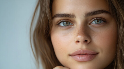Obraz premium A young woman poses with a serene expression, highlighting her striking blue eyes and flawless complexion. Soft lighting accentuates her natural beauty, creating an intimate atmosphere.