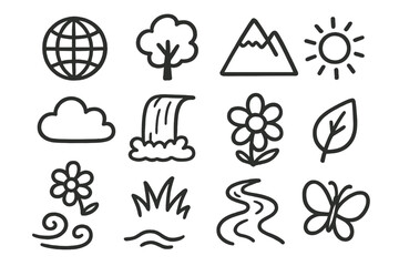 Nature icons set: tree, mountain, sun, cloud, flower, leaf