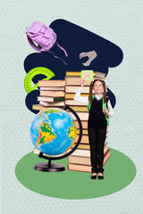 3d zine image collage of happy schoolgirl stand book stack hold artificial intelligence bubble...