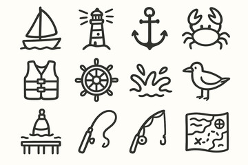 Fototapeta premium Nautical icons: boat, lighthouse, anchor, crab, bird, and map