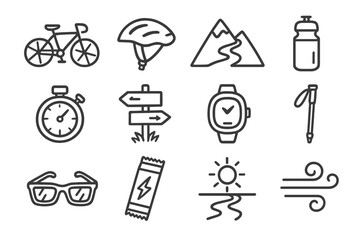 Fototapeta premium Icons of cycling gear and outdoor adventure equipment in black line art