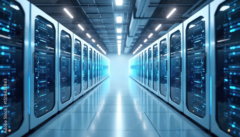 Poster futuristic data center with rows server racks glowing lights. digital technology, network infrastruc