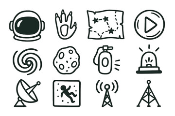 Space adventure icon set featuring helmet, alien hand, map, and more