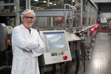 Senior technician wearing lab coat crossing arms at touchscreen panel on conveyor belt, copy space