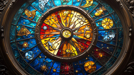 Colorful stained glass zodiac wheel depicting astrological signs and symbols in a circular design