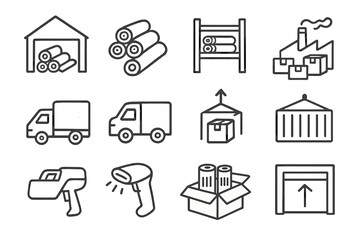 Fototapeta premium Warehouse and logistics icons with storage, delivery, and packaging symbols