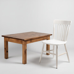 Fototapeta premium Rustic Wooden Table and White Chair Set , white background cut out PNG
