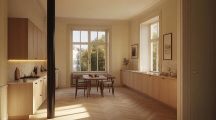 Fototapeta premium A sun-drenched, modern kitchen interior design with light wood tones.