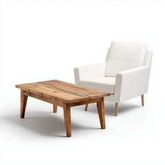 Fototapeta premium Rustic Wooden Coffee Table and White Chair Set , white background cut out PNG