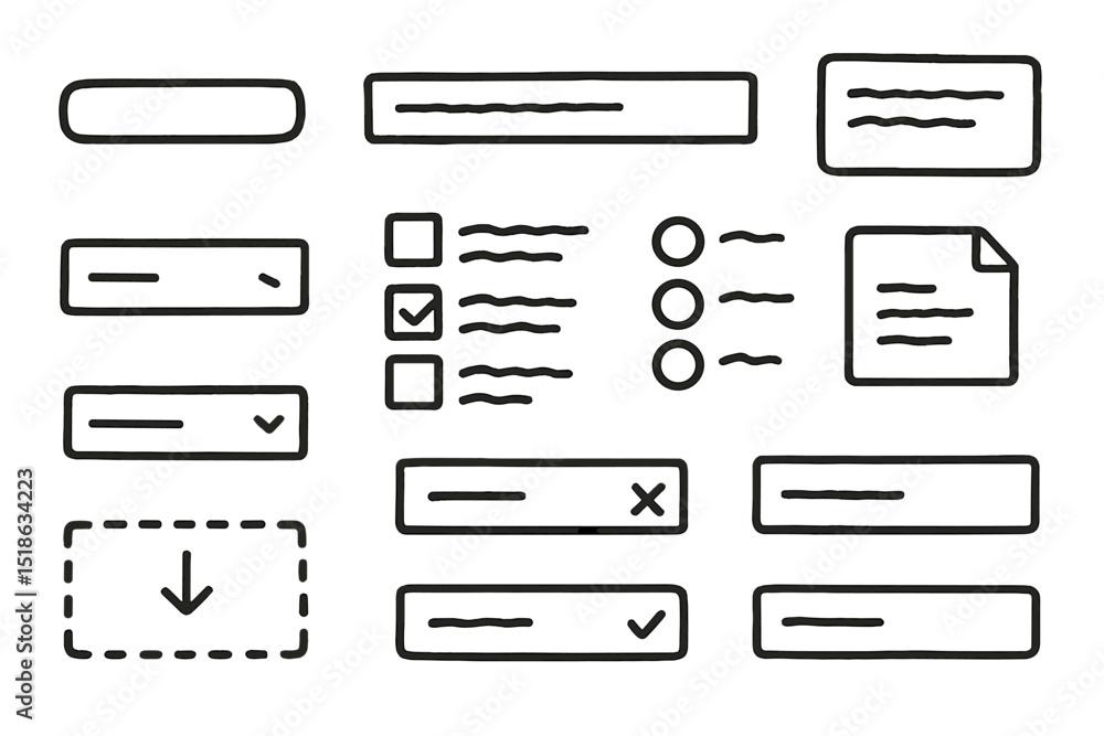 Poster hand-drawn ui icons for web design - buttons, checkboxes, and fields