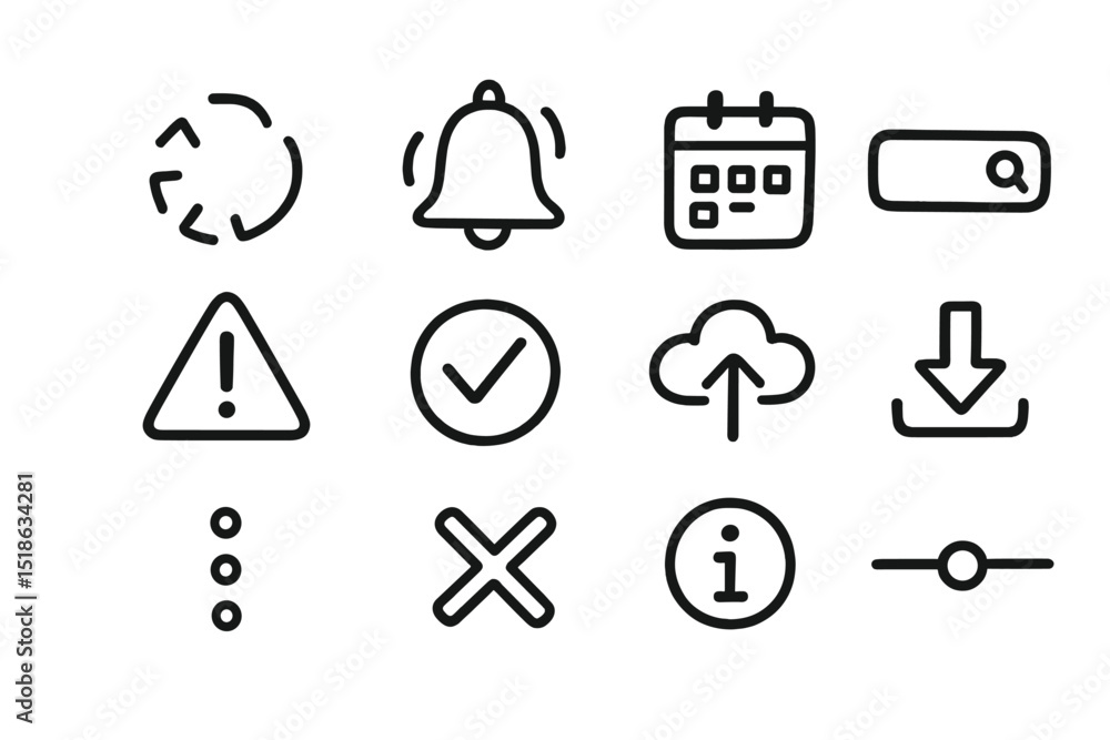 Poster simple black line icons on gray background for notifications and actions