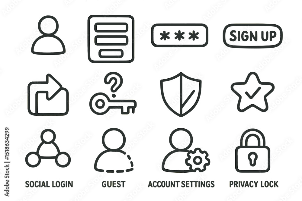Poster user interface icons for login and security settings on green background