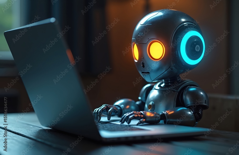 Poster futuristic chatbot robot using laptop. artificial intelligence character with glowing eyes, rings wo