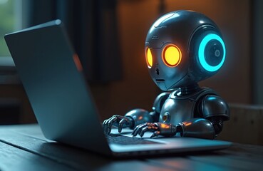 Futuristic chatbot robot using laptop. Artificial intelligence character with glowing eyes, rings working online. Digital technology concept of ai assistant at work, communication. AI powered