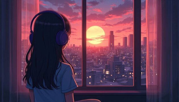 Anime girl wears headphones enjoying sunset cityscape from window. City evening calm lofi wallpaper background lo-fi art, music listening flat image cozy chill vibe. Evening, cityscape, chill,