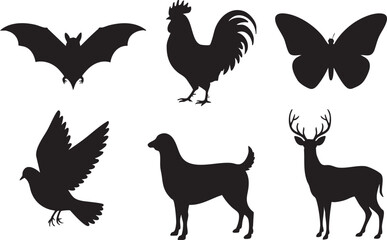 Assorted Animal Silhouettes Bat Rooster Butterfly Dove Dog and Deer on White Background silhouette This image showcases collection