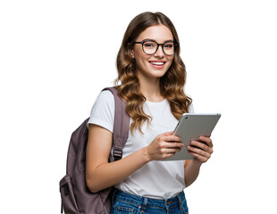 Fototapeta premium Young Woman Student with Tablet and Backpack Smiling