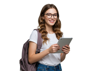 Young Woman Student with Tablet and Backpack Smiling