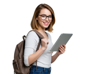 Young Woman Student with Tablet and Backpack Smiling