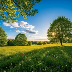 Sunny Meadow with Wildflowers and Trees