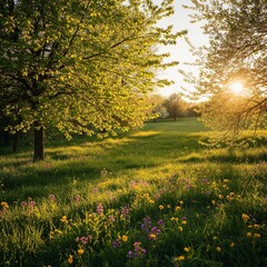Sunlit Meadow with Blooming Wildflowers and Trees