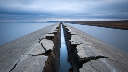 A long, cracked concrete structure juts out into a serene body of water with a moody sky overhead during twilight. The scene captures nature's raw beauty and human impact.
