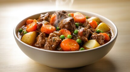 A comforting bowl of beef stew showcases tender chunks of meat, vibrant carrots, soft potatoes, and fresh peas, all steaming and inviting for an evening meal during chilly weather.