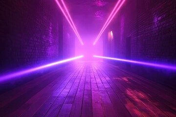 A neon-lit tunnel with brick walls, illuminated by striking purple light, creating an ethereal and futuristic space.