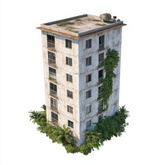 Abandoned Concrete Building with Overgrown Greenery and Trees