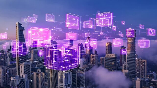 Modern city with wireless network connection and city scape concep. motion video. - Powered by Adobe