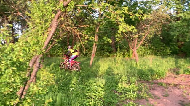 A motorcyclist rides off-road on a sports motorcycle.