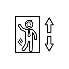 Outline Icon of Person in Elevator with Up and Down Arrows