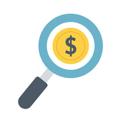 Money Search Icon with Magnifying Glass Over Dollar Coin