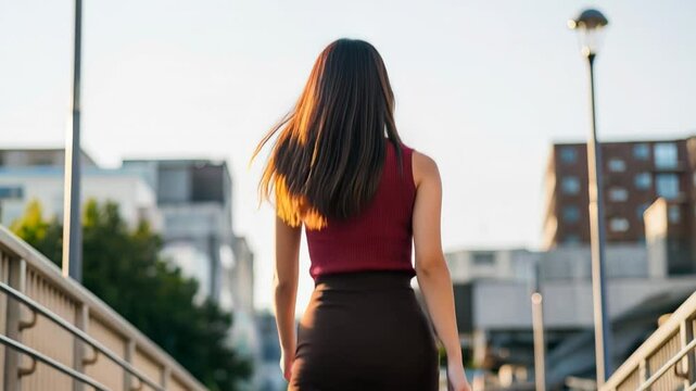 赤紫トップスの女性が階段を歩くシーン