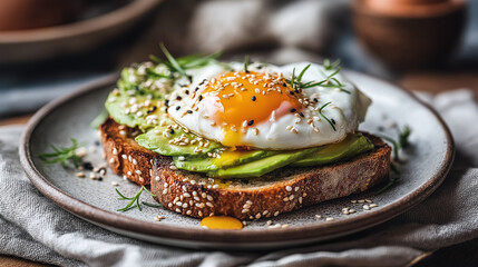 Whole grain toast with avocado slices and fried egg garnished with rosemary, healthy breakfast on white ceramic plate