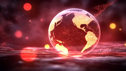 Abstract earth globe animation, red background with particle effects and global networks - Powered by Adobe