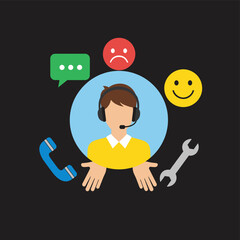 Customer Support Agent Icon with Feedback and Service Symbols