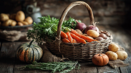 Natural wicker basket filled with fresh farm vegetables including carrots, herbs and potatoes, organic rural lifestyle scene