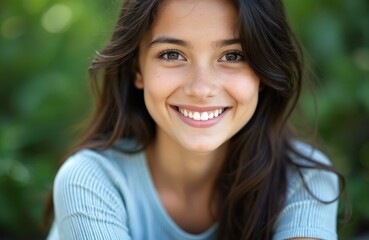Portrait of young, beautiful girl with big eyes, long dark hair, pretty smile on green background. Happy, cheerful, joyful female person with natural skin, fresh face expression. Summer, spring,