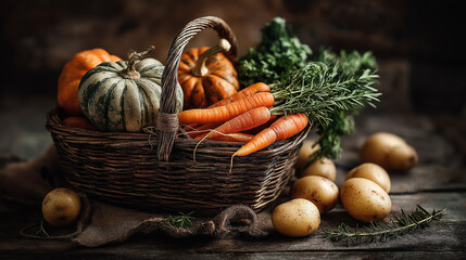 Autumn vegetables in rustic basket with carrots, pumpkins and potatoes on vintage wooden background, healthy seasonal food