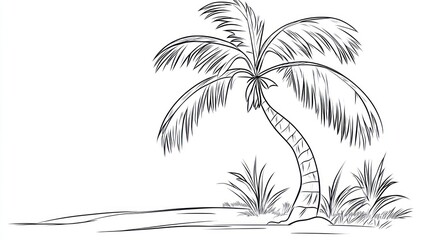 Simple line drawing of a lone palm tree on a beach under a plain white sky