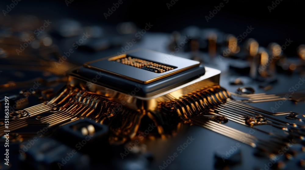 Poster intricately designed processor is showcased against a background of circuit pathways and technology 