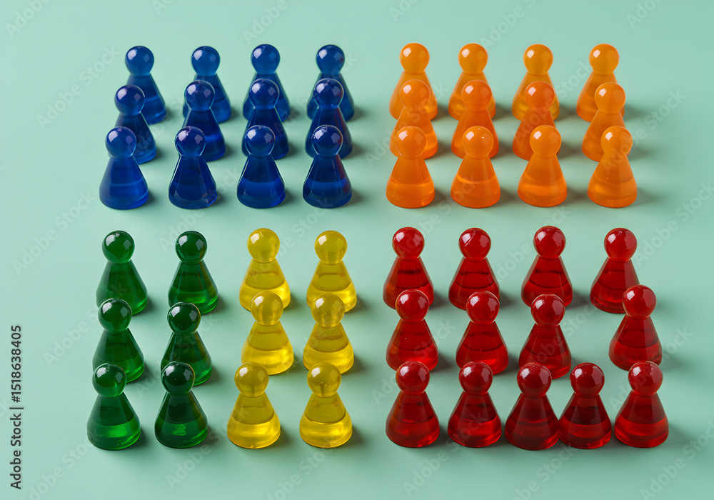 Poster colorful game pieces arranged in groups for strategy and board game concepts and team building ideas