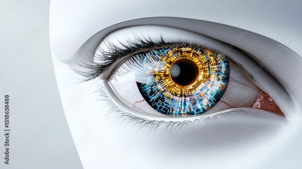 Poster a close-up view of a robotic eye featuring vibrant colors and intricate circuitry.