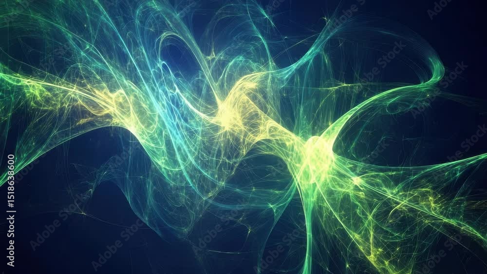 Poster Abstract quantum computing video visualization, glowing particles forming intricate wave patterns, deep blue and electric green color palette, futuristic energy flow