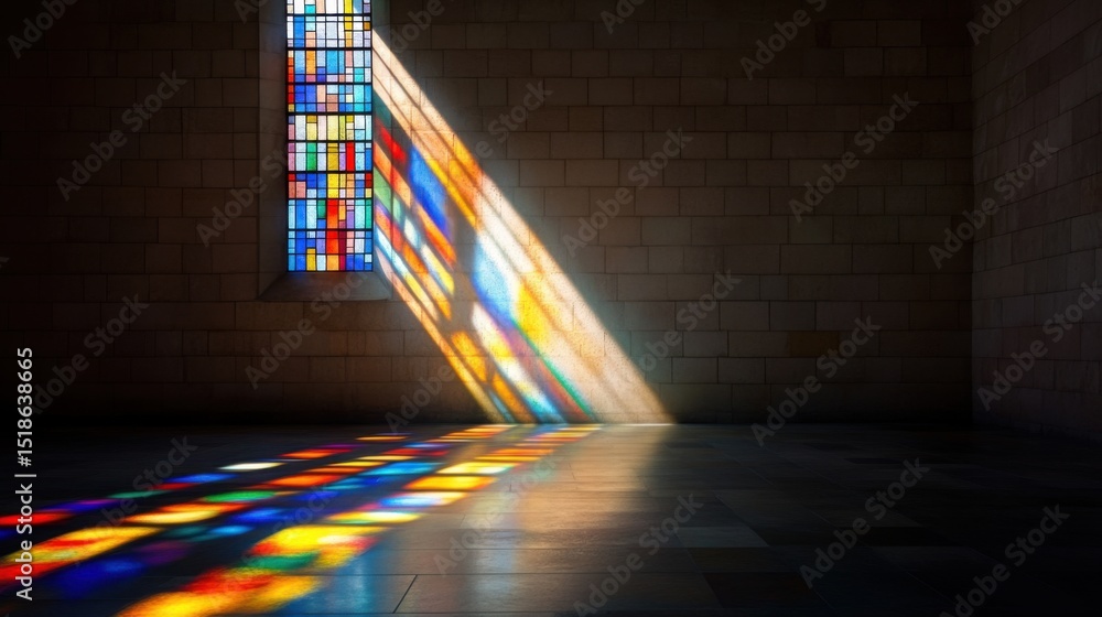 Poster bright sunlight filters through a stained glass window, creating vivid patterns on a smooth stone fl