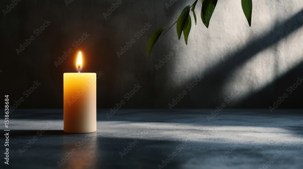 Poster a single candle emits a warm glow in a softly lit space, casting gentle shadows on a textured surfac