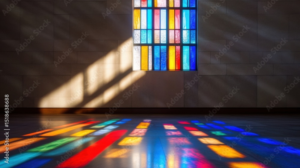 Poster sunlight passes through a stained glass window, casting colorful reflections on the smooth floor sur