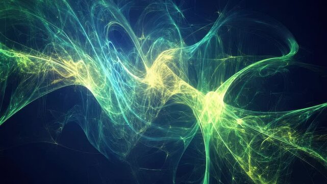 Abstract quantum computing video visualization, glowing particles forming intricate wave patterns, deep blue and electric green color palette, futuristic energy flow