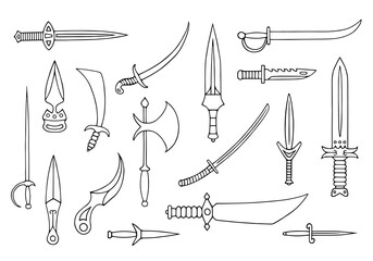 Set of knives, swords, axes, daggers, sabers, epees and rapiers. Set of edged weapons. A collection of bladed weapons.